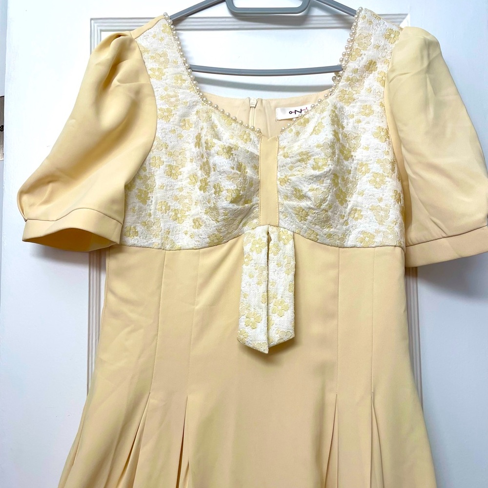 Yellow Cream Floral embroidered Pearl Neckline Midi Dress